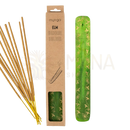 Grüner räucherstäbchenhalter aus natürlichem ulmenholz mit goldnem blumenmuster von mana shop