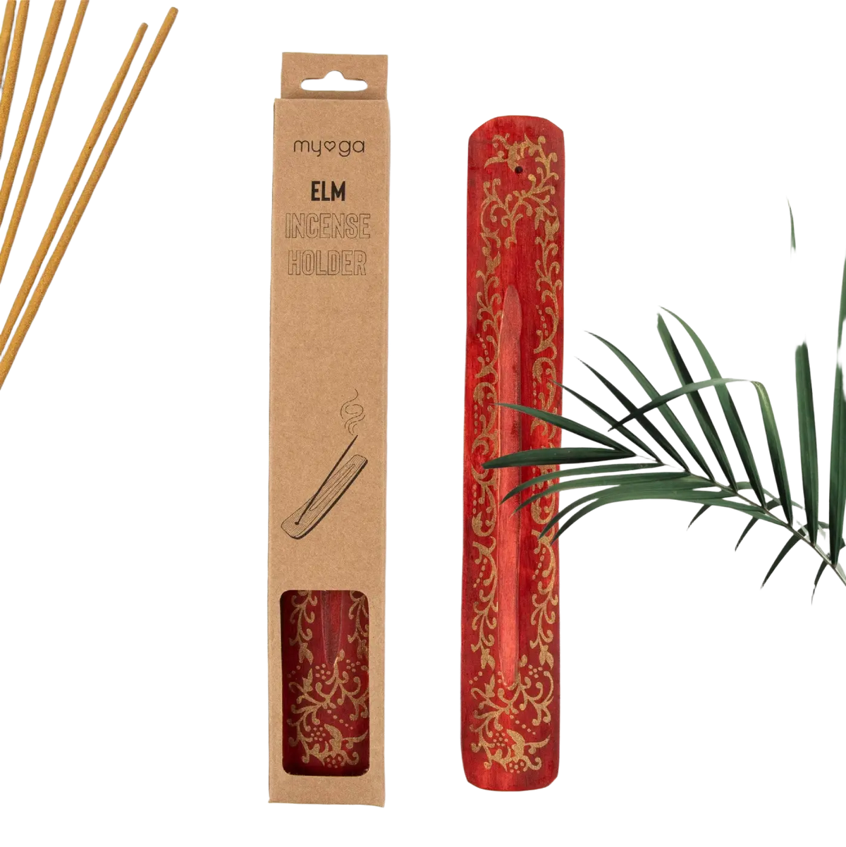 Myga Räucherstäbchenhalter aus natürlichem Ulmenholz, dekoratives Holzaccessoire für Räucherstäbchen, rotes Design