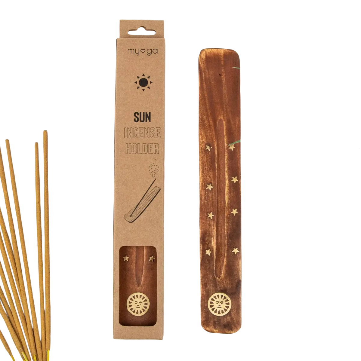 Myga Räucherstäbchenhalter aus natürlichem Ulmenholz, dekoratives Holzstück mit Sonnenmotiv, handgefertigt für Räucherwaren