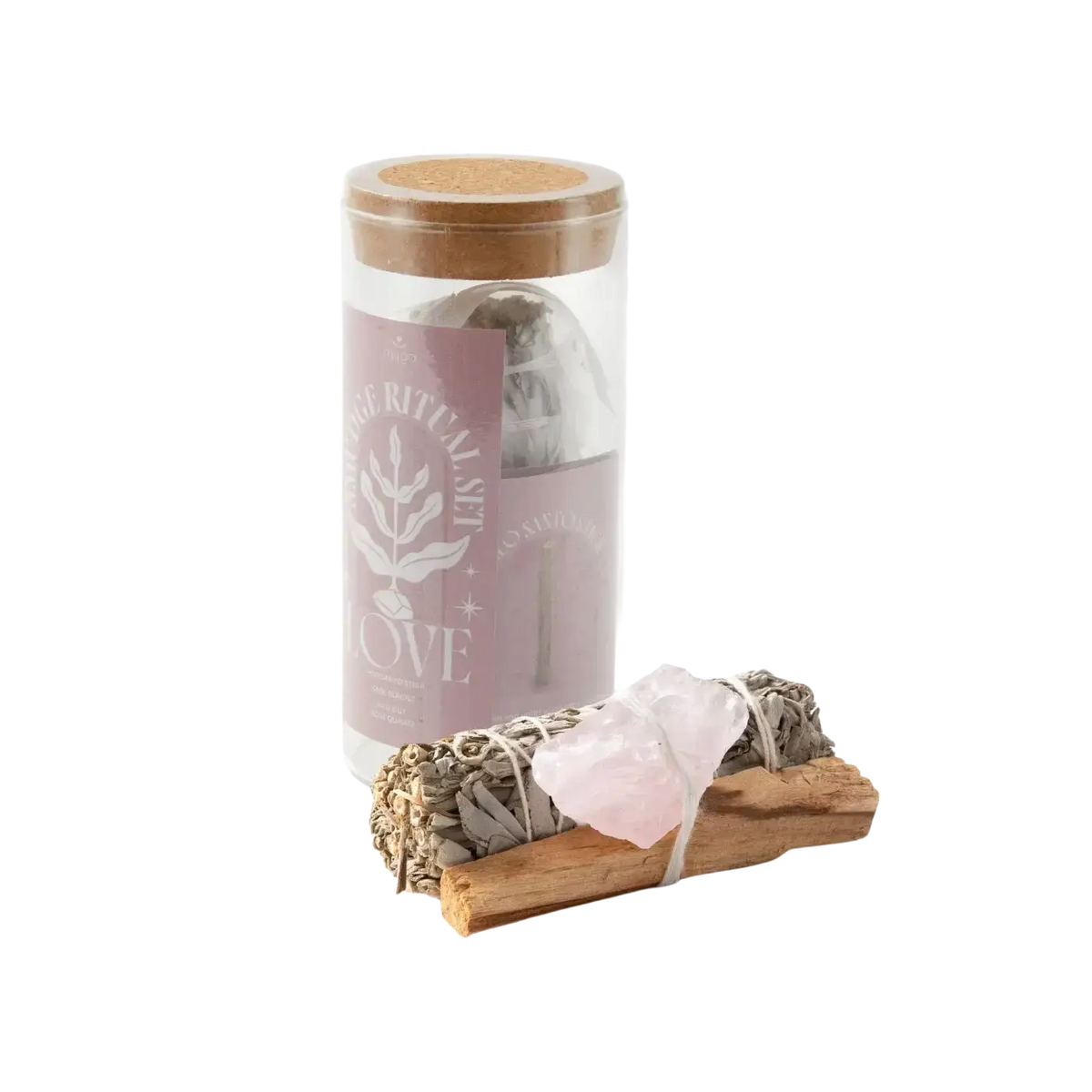 Myga Räucherwaren Set mit Rosenquarz, Salbei und Palo Santo, inklusive Räucherset für reine, energetische Reinigung.