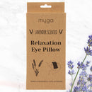 Braune Kartonverpackung für ein lavendelduftendes Myga-Entspannungs-Augenkissen mit Illustrationen von Lavendel und einer Person, die das Produkt verwendet.