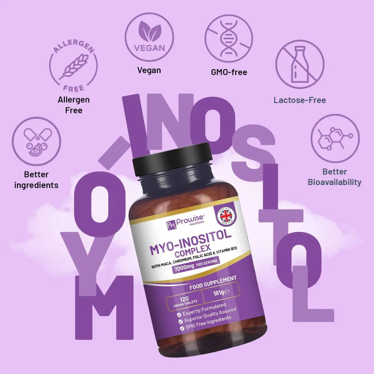 Vegane Myo-Inositol Komplex Tabletten von Prowise Healthcare, 120 Stück, mit 7000 mg für Nahrungsergänzung.