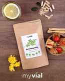 Bio Ashwagandha Kapseln von myvial, vegane Nahrungsergänzung, 120 Stück, 1200 mg, offene Kapseln auf weißem Hintergrund