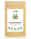 Bio geröstete Hanfsamen von myvial, ungeschält, vegan, 125 g, als Nahrungsergänzung in einer offenen Verpackung