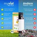 Vergleichstabelle zwischen myvial Bio-PLA-Verpackungen und herkömmlichem Plastik oder Glas