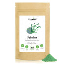 Bio Spirulina Pulver von myvial, veganes Nahrungsergänzungsmittel, 250 Gramm, grüne spirulina Pulver in Verpackung