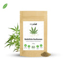 Ungeschälte Bio-Hanfsamen von myvial, 250g, als Nahrungsergänzung, sichtbar in der Verpackung.