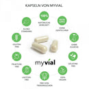 Bio Hericium Nahrungsergänzung in 120 Kapseln von myvial, hochwertiges pflanzliches Ergänzungsmittel, Nahaufnahme der Kapseln