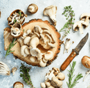 Maitake Vitalpilz Nahrungsergänzung von myvial in 120 Kapseln, Nahaufnahme der Kapseln und Maitake-Pilze im Natur-Look