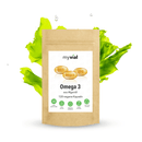 Vegan Omega 3 Kapseln aus Algenöl von myvial, 120 Stück, Nahrungsergänzung in blauer Packung, offene Kapseln sichtbar