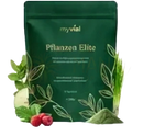 Myvial pflanzen elite bio superfood pulver 200 g in dunkelgrünem wiederverschließbarem beutel mit weißen pflanzenillustrationen bei mana shop