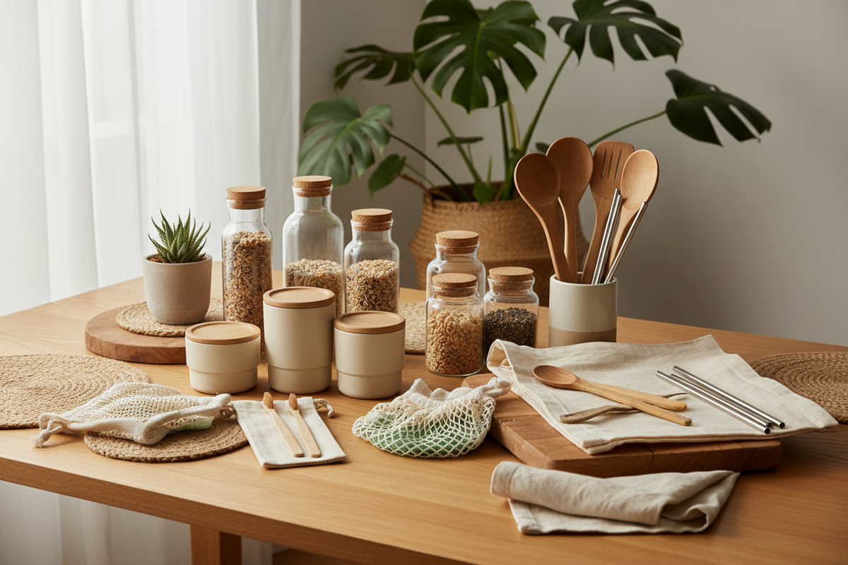 Nachhaltige Vorratsgläser aus Glas mit Holzdeckel und Küchenutensilien auf Holztisch.