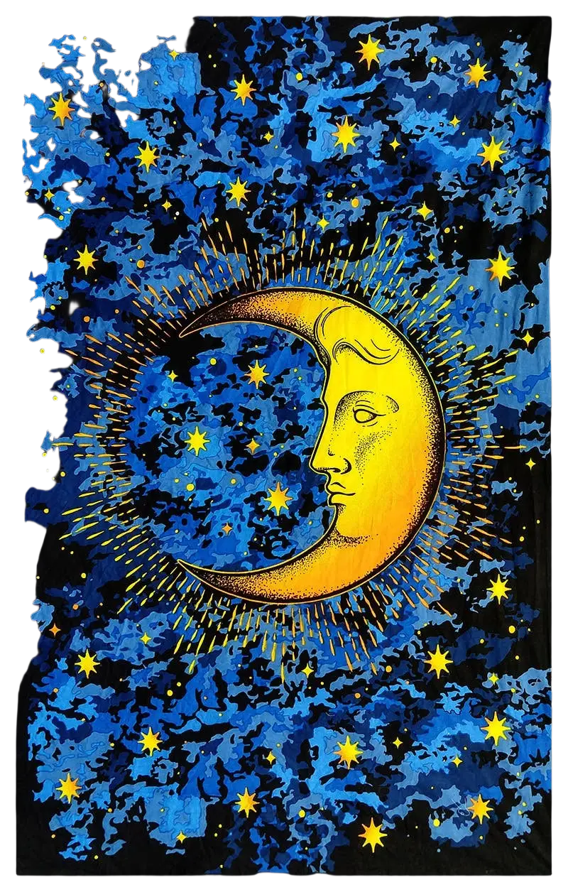 Yak & Yeti Ritualtuch mit Nachthimmel und Mond, als Bettdecke oder Wanddeko, 213 x 137 cm, stilvolle Raumdekoration