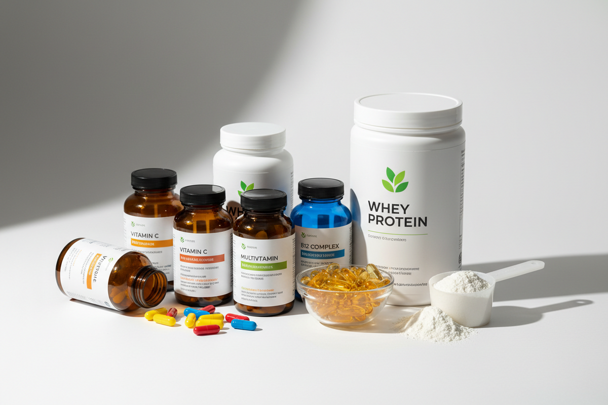 Verschiedene Nahrungsergänzungsmittel wie Whey Protein, Vitamin C und Multivitamine.
