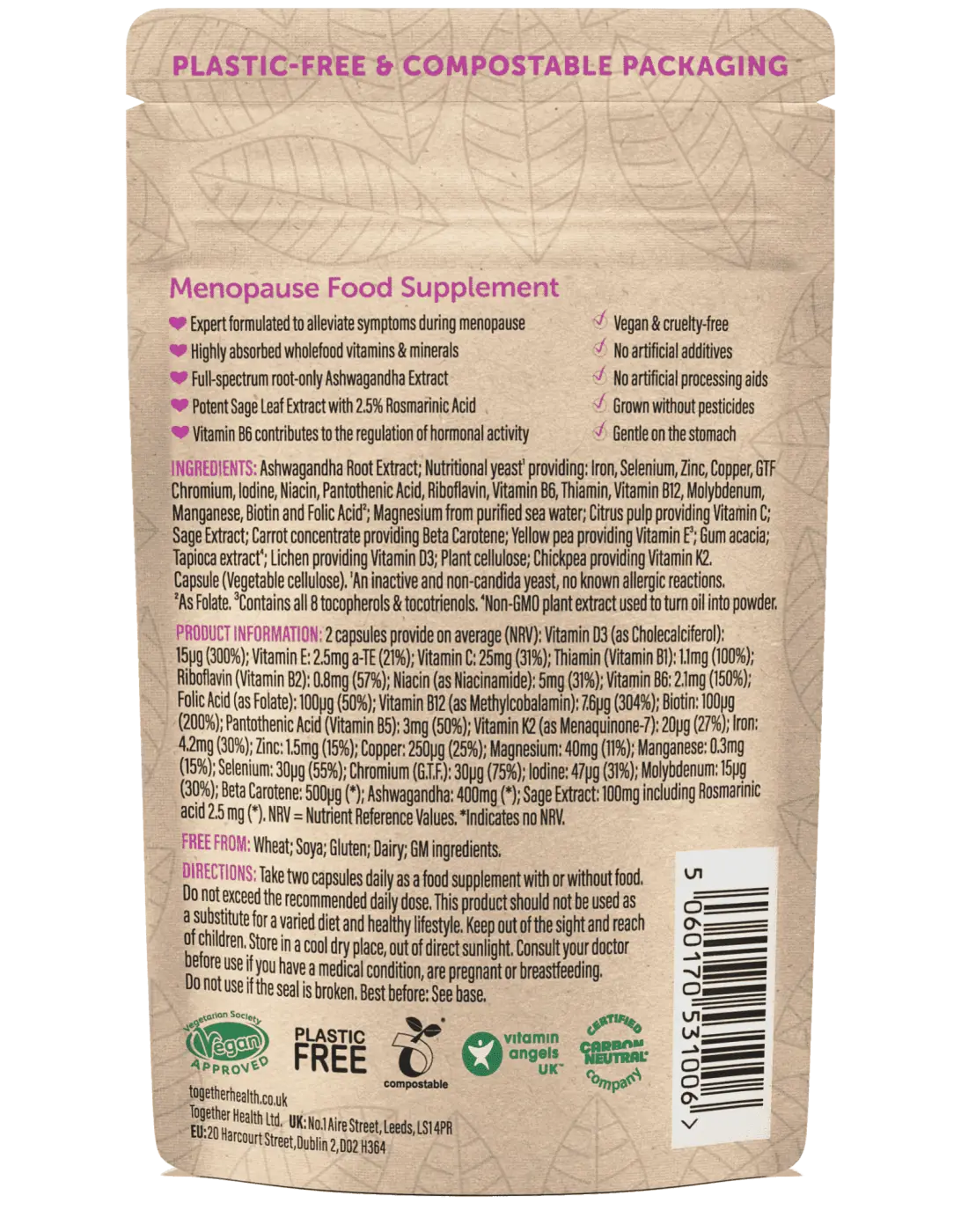 Nahrungsergänzungsmittel für die Wechseljahre von Together Health mit Vitaminen und Kräutern, in einer offenen Packung.