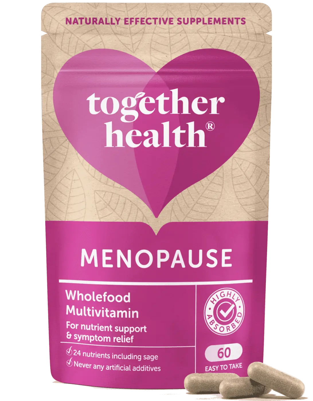 Nahrungsergänzungsmittel für die Wechseljahre mit Vitaminen und Kräutern von Together Health, Flasche mit Kapseln auf weißem Hintergrund