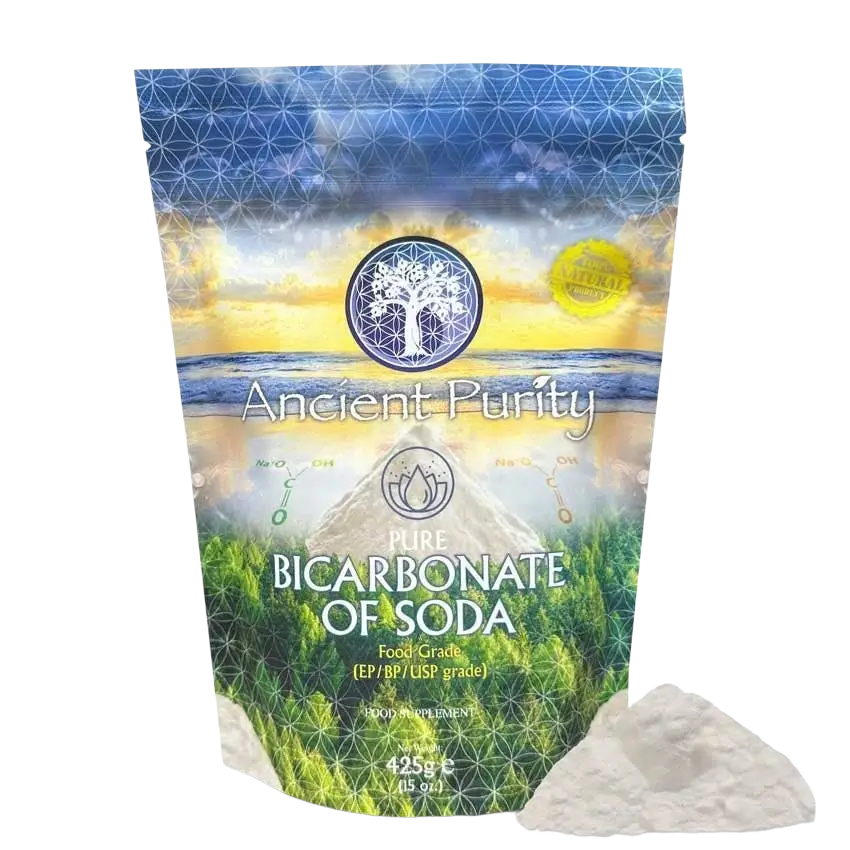 Reines Natriumbicarbonat, 425g, für Körperpflege, in EP/BP/USP Qualität, von Ancient Purity, feines Pulver auf weißem Hintergrund
