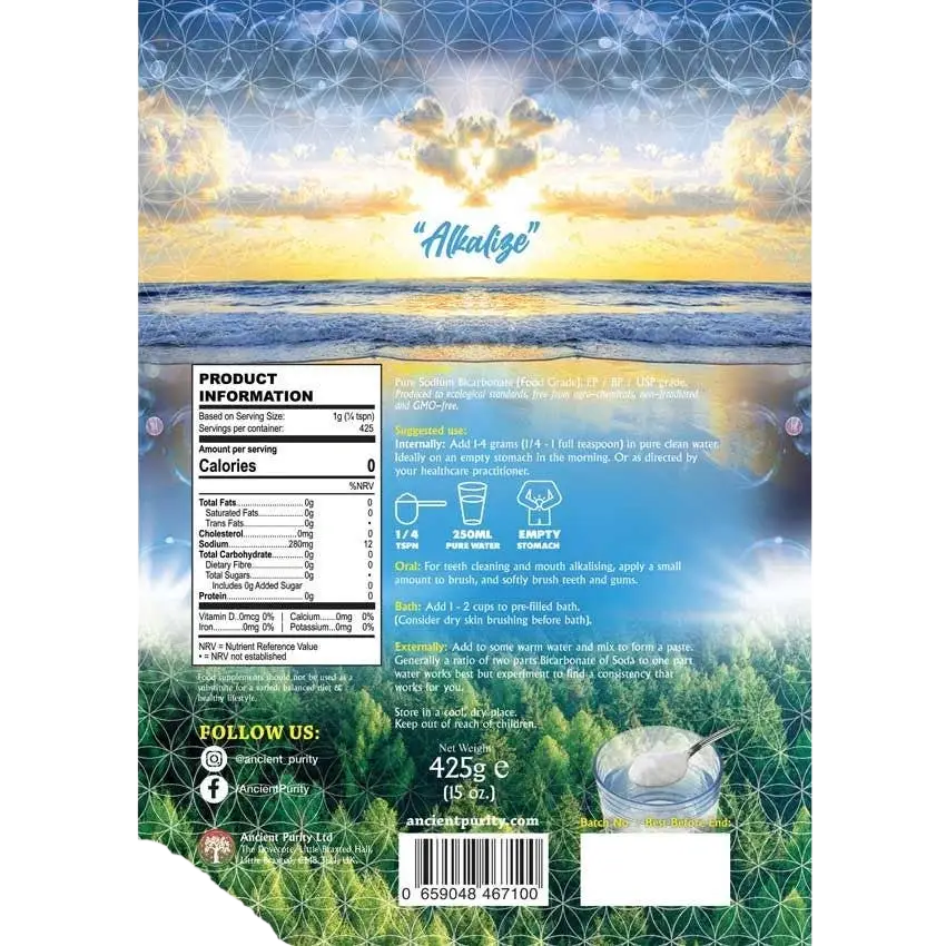 Reines Natriumbicarbonat in 425g Verpackung, hochwertig für Körperpflege, von Ancient Purity, EP/BP/USP Qualität