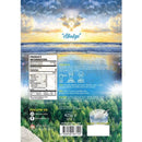 Die rückseite der verpackung von alkalize natriumbicarbonat 425g von ancient purity mit usp qualität und nährwertangaben vor sonnenuntergang am ozean