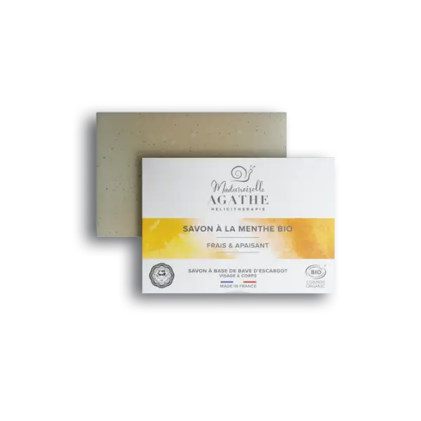 Natürliche Bio-Minzseife von Mademoiselle Agathe, frisch und beruhigend, in blassgrüner Farbe, für saubere Haut.
