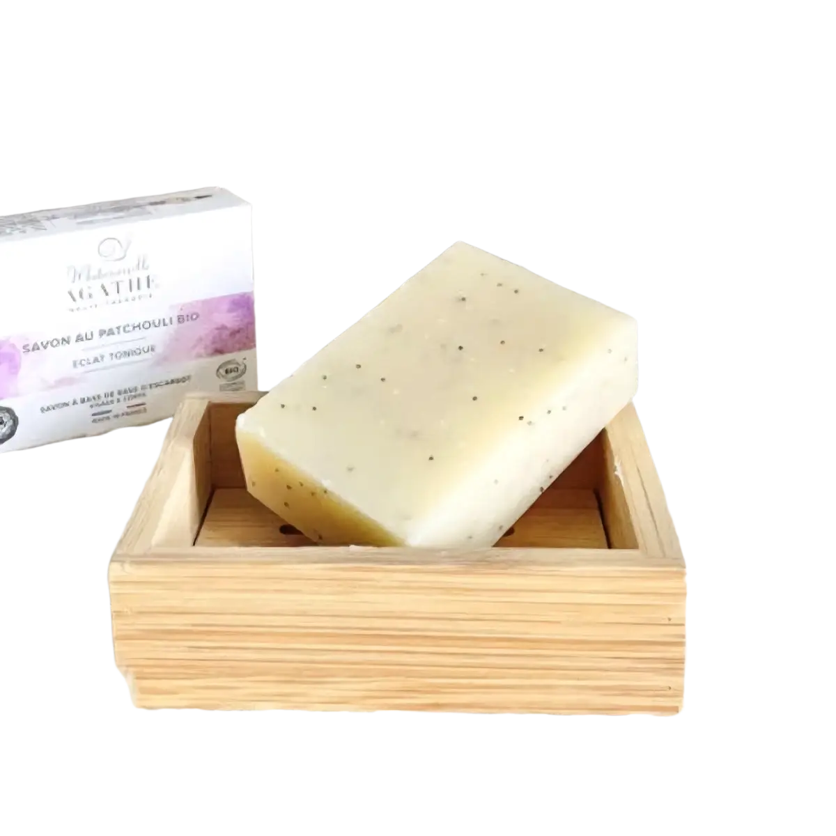 Natürliche Bio-Patchouli-Seife von Mademoiselle Agathe mit tonisierendem Glanz, blassgelbe Seife, handgefertigt, pflegend und erfrischend