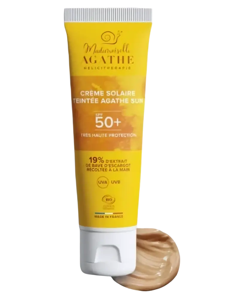 Gesichtssonnencreme von Mademoiselle Agathe, getönt, SPF50+, natürliche Bio-Sonnenschutzcreme für natürlichen Sonnenschutz.