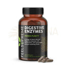 Eine braune glasflasche mit schwarzem geriffeltem verschluss und label feels supreme digestive enzymes zur unterstützung der verdauung und nährstoffaufnahme
