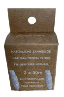 Braune kartonverpackung natürliche zahnseide refill 2 x 30 m kompostierbare seiden-zahnseide mit candelillawachs zur reinigung interdental räume