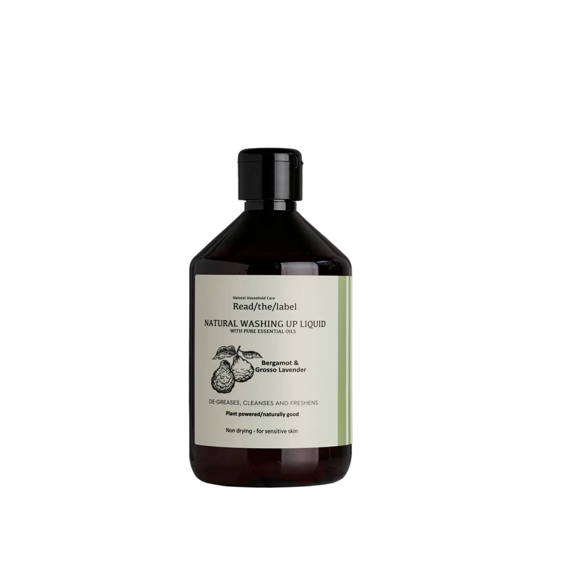 Natürliches Geschirrspülmittel mit Bergamotte und Grosso Lavendel, 500ml, von readthelabellondon, in einer transparenten Flasche.