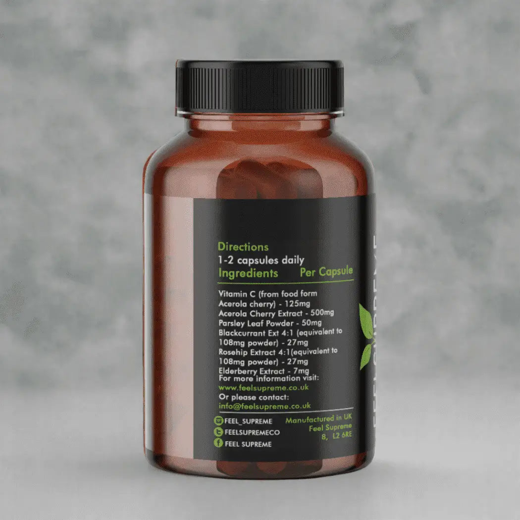 Natürliches Vitamin C Nahrungsergänzung von Feel Supreme, natürliche Quelle statt synthetischer Ascorbinsäure, frische Vitamin C Kapseln