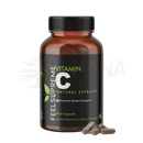 Ein braunes bernsteinglas mit schwarzem schraubverschluss und etikettdesign für natürliches vitamin c mit ascorbinsäure und 60 kapseln zur immununterstützung