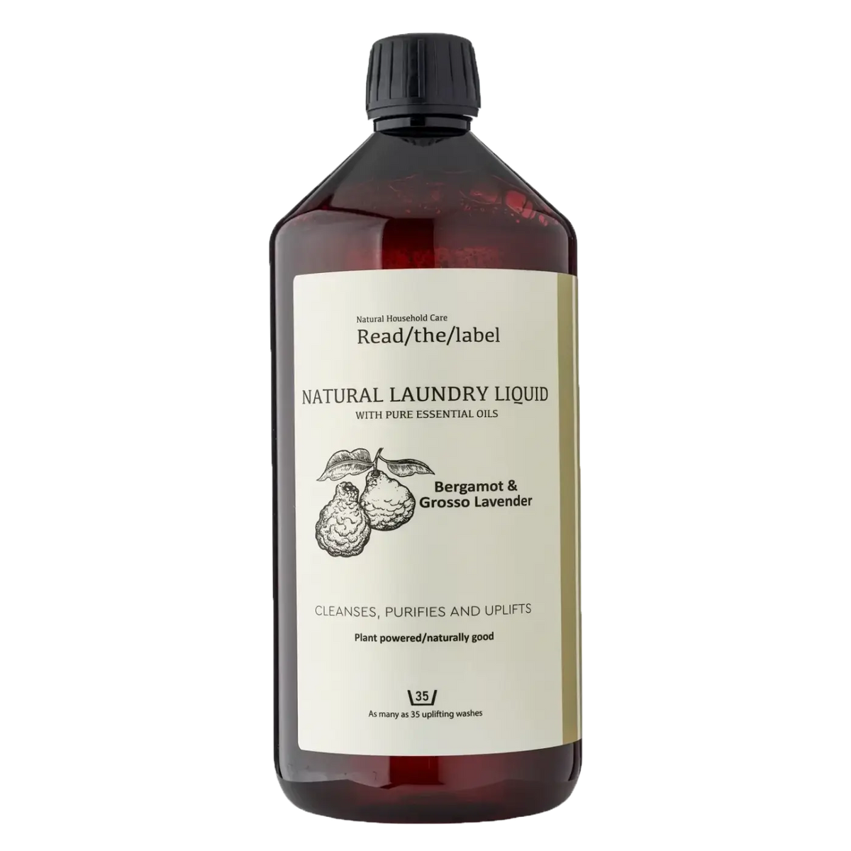 Natürliches Waschmittel mit Bergamotte und Grosso Lavendel, 1000 ml, von Read The Label, zeigt die Flasche mit Duft- und Reinigungsfunktion.