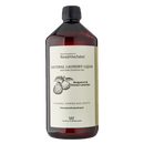 Dunkle bernsteinfarbene glasflasche mit natürlichem waschmittel bergamotte und grosso lavendel für deine kleidung