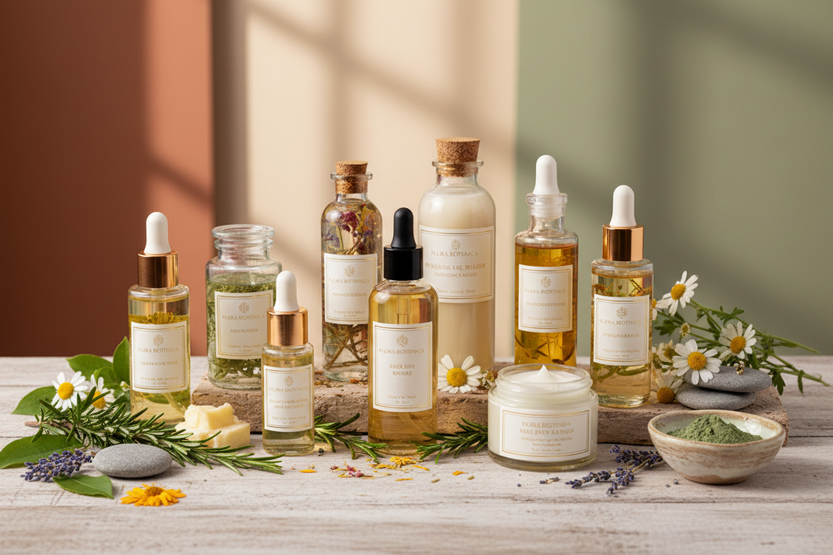 Bio-Kosmetik Set mit ätherischen Ölen, Seren und Cremes auf Holz mit Kräutern und Kamille