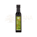 Schwarze glasflasche naturkraft werke hanföl nativ demeter mit grünem etikett und hanfblattillustrationen für black cumin oil