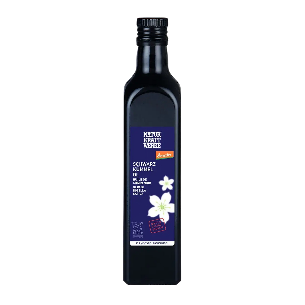 Schwarzkümmelöl von NaturKraftWerke in dunkler Flasche, kaltgepresst, nativ und Demeter-Qualität, flüssig in einer Glasflasche