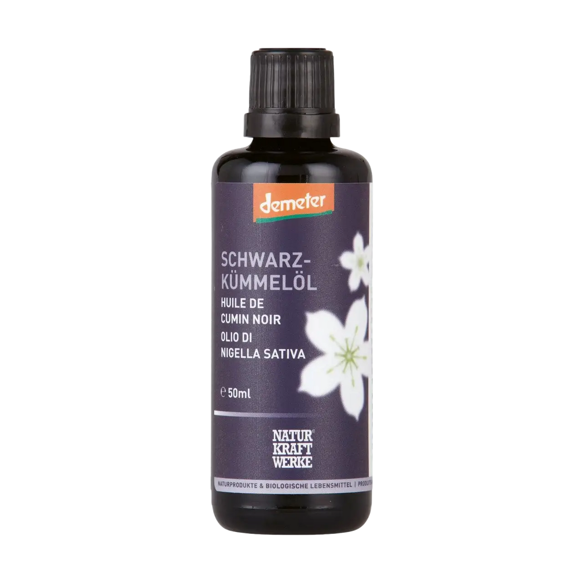 NaturKraftWerke Schwarzkümmelöl, kaltgepresst, nativ, Demeter-Qualität, Flasche mit schwarzem Öl in dunklem Flaschenetikett