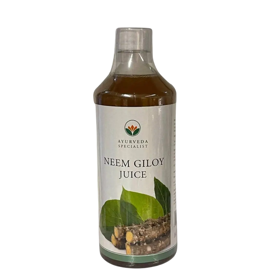 Neem Giloy Saft in einer 1-Liter-Bewässerung aus brauner Plastikflasche, Ayurveda Specialist B.V., Saft für Gesundheit.
