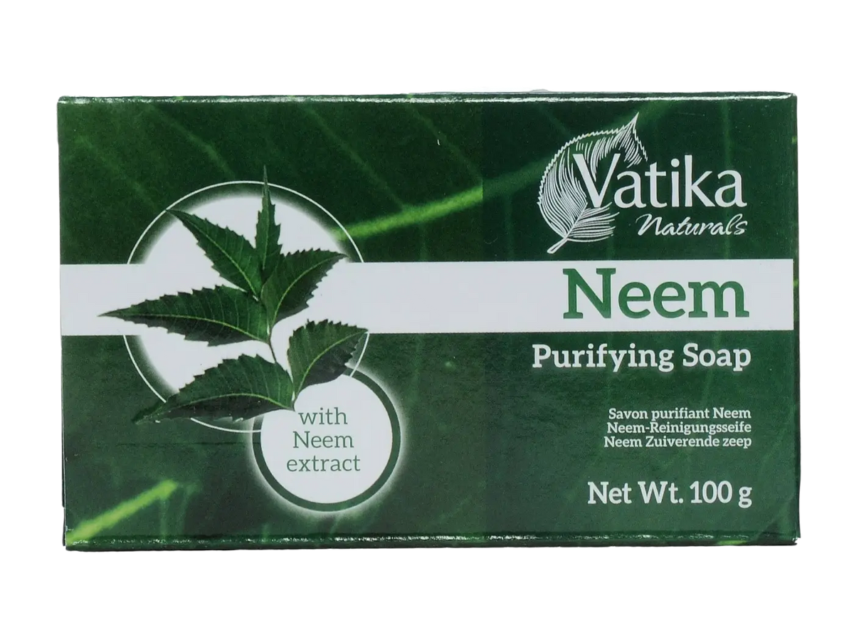 Grüne rechteckige Neem-Seife von Ayurveda Auténtico in einer Verpackung, natürliche Seife für Hautpflege, Vitamin- und Neem-Extrakt