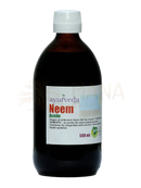Dunkle bernsteinflasche mit weißem schraubverschluss und label ayurveda neem aceite 500 ml organisches neemöl als naturpflegeöl für muskeln und gelenke