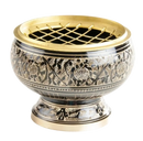 Schwarzes und goldenes mesh incense burner mit filigranen floralgravuren netzräuchergefäss schwarz gold