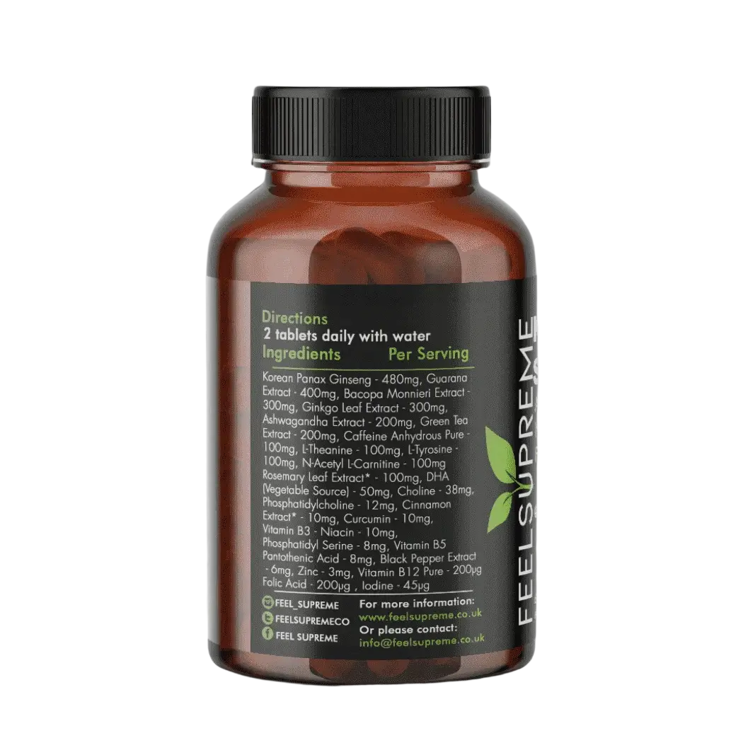 Nahrungsergänzung Neuro Supreme von Feel Supreme, natürliches Nootropikum zur Steigerung von Geist und Klarheit, in Dose.