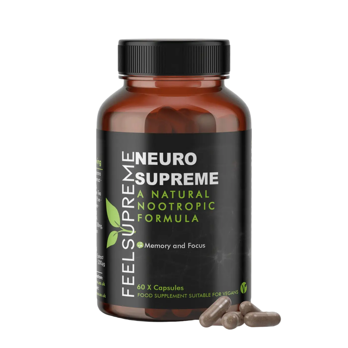 Neuro Supreme Nahrungsergänzung, natürliches Nootropikum für geistige Klarheit und Fokus, Verpackung mit Produktlabel.