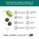 Ein grüner hopfenzapfen mit stiel, zwei dunkelbraune samen und weiße kristallfragmente für pflanzenbasiertes nachtkomplex natürliches schlafmittel mit marinem magnesium