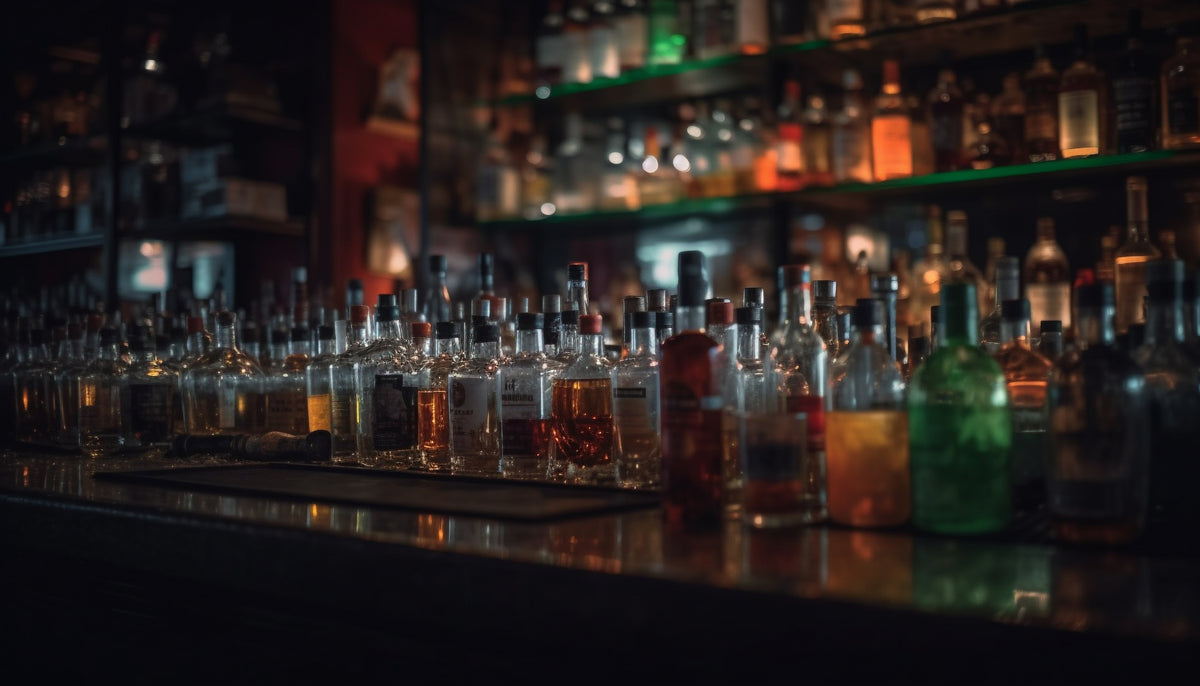 Verschiedene Spirituosenflaschen auf einer Bar in stimmungsvoller Beleuchtung.