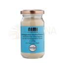 Klarer glasbehälter mit rosegoldenem deckel und nimi ayurveda label enthält hellbeiges nimi ashwagandha churna ayurvedisches pulver aus mana shop
