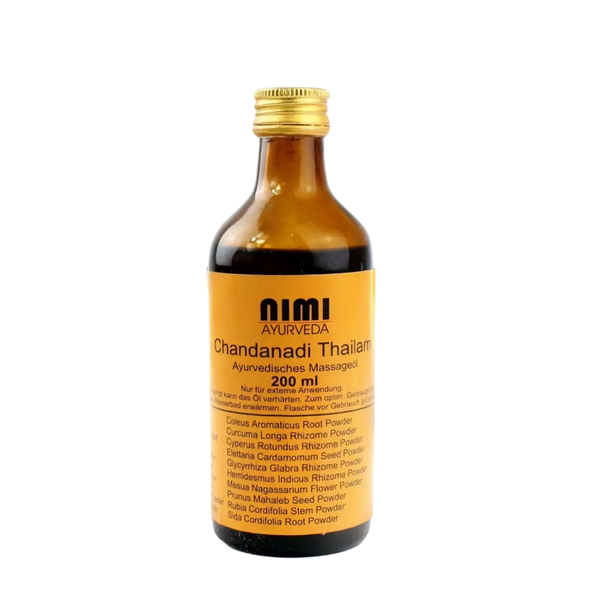 Eine bernsteinfarbene glasflasche mit goldverschluss und orangefarbenem etikett enthält nimi chandanadi thailam ayurvedisches massageöl 200 ml