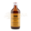 Eine bernsteinfarbene glasflasche mit weißem deckel und orangem etikett mit 200 ml nimi ksheerabala thailam classic ayurvedisches massageöl