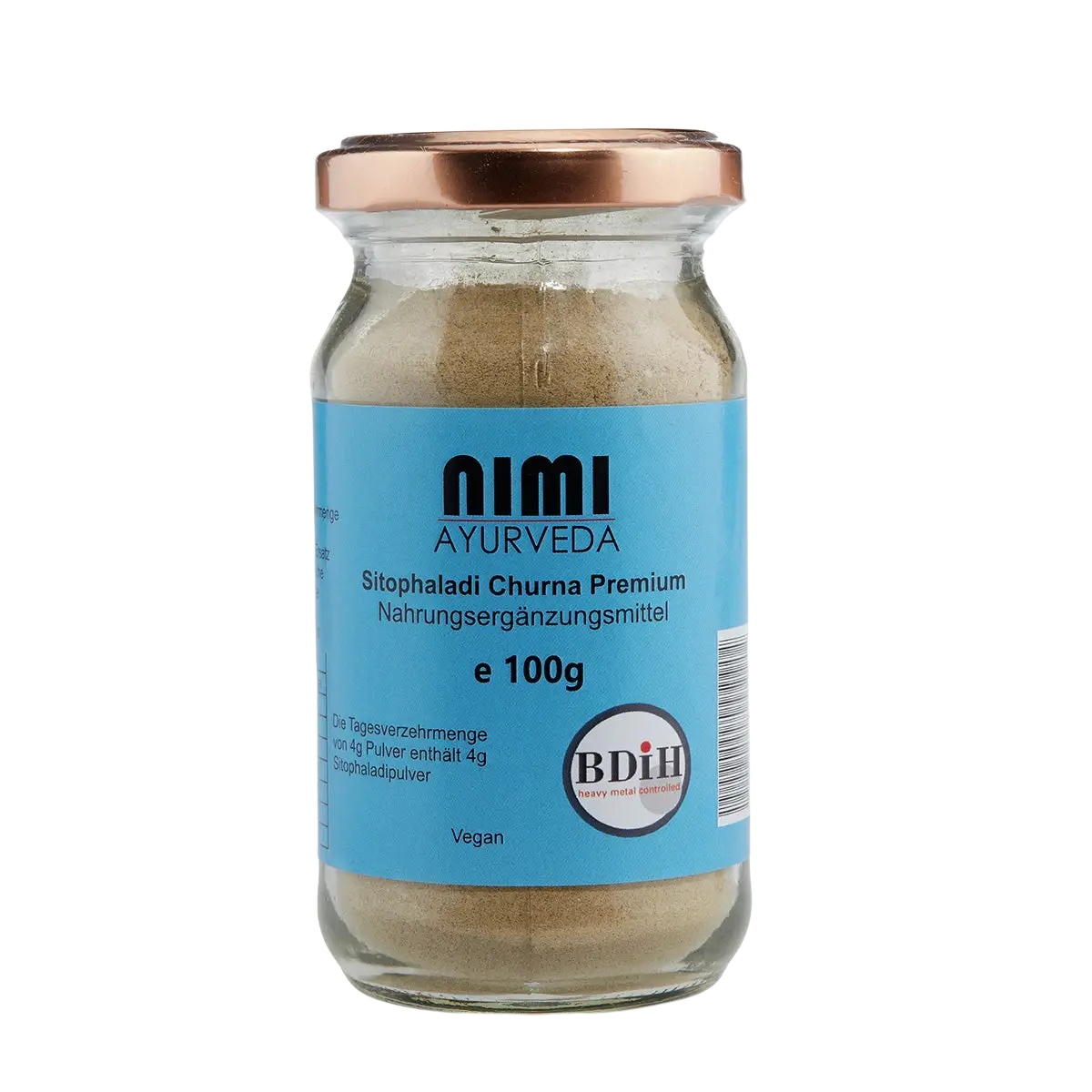 Nimi Sitophaladi Churna von AHG, Spezialpulver für Atemwege und Wohlbefinden, in einer offenen Dose mit Pulver.