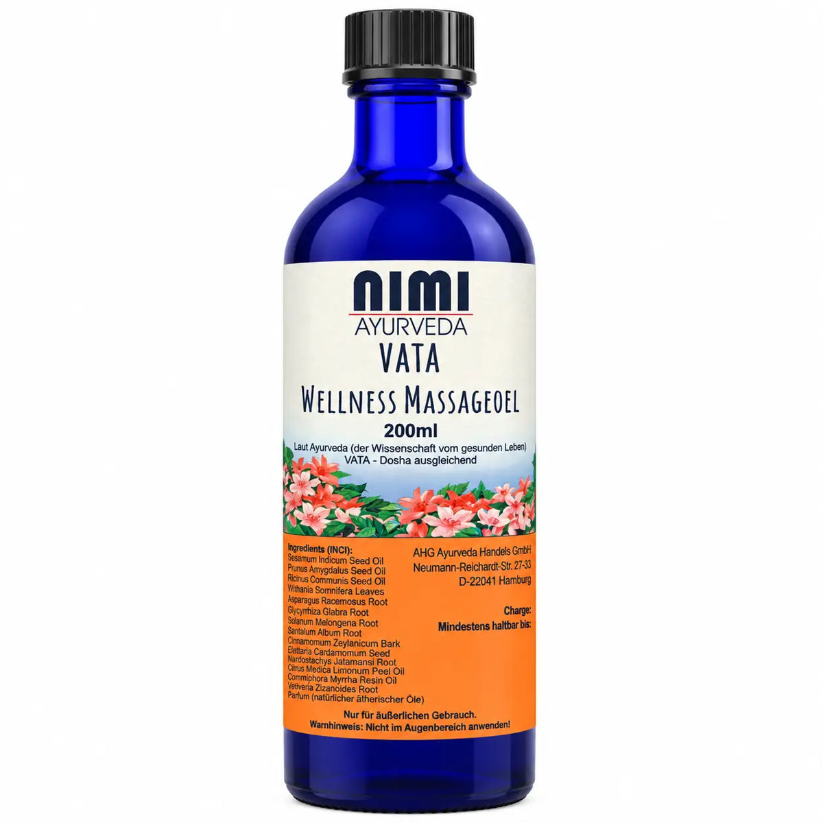 Nimi Vata Bio Massageöl von AHG in blauer Glasflasche, ayurvedisches Körperöl für entspannende Massagen